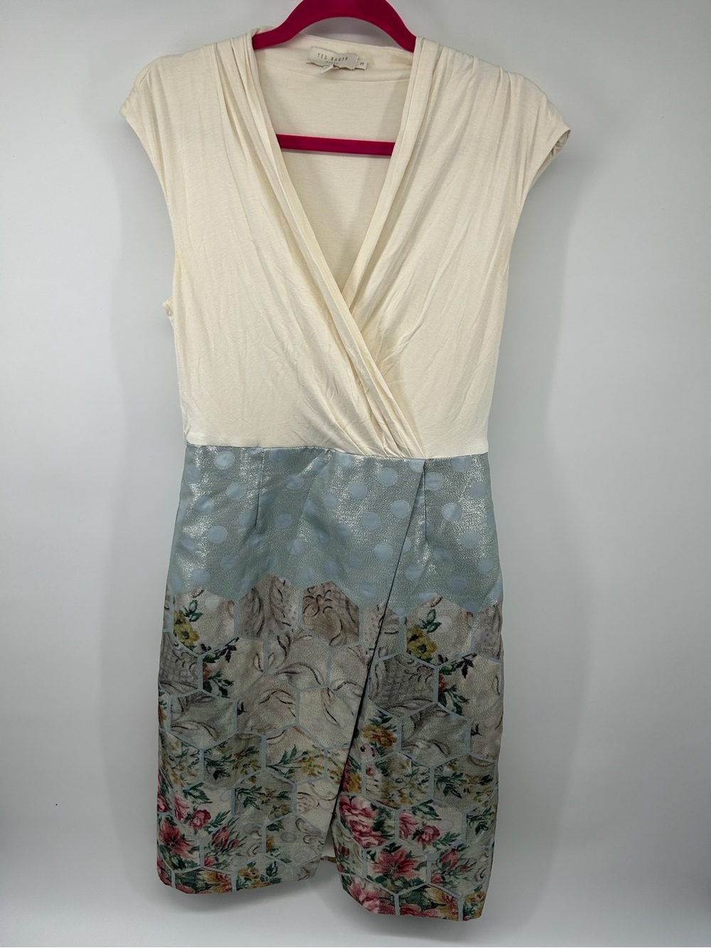 Ted Baker Cream and Light Blue Floral Wrap Midi Dress